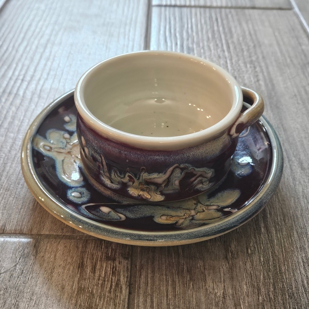 Russell Studio Pottery Bowl Saucer Set Signed 2002 Artisan Burgundy Drip Glaze‎